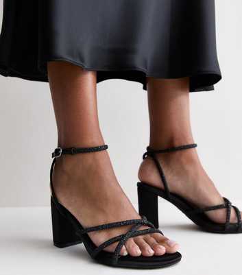 Wide Fit Black Satin Embellished Block Heel Sandals