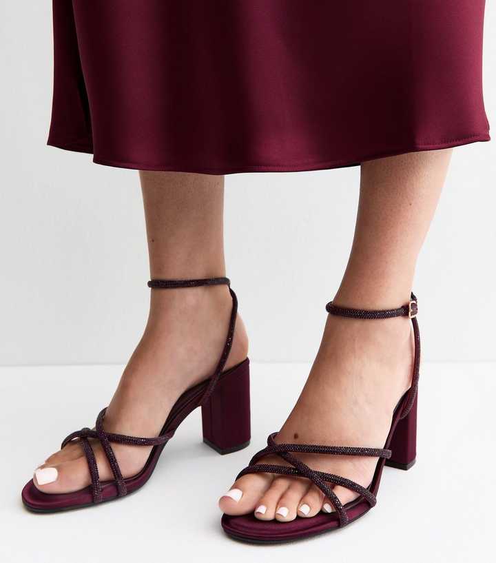 Wide Fit Dark Burgundy Satin Sparkly Block Heel Sandals