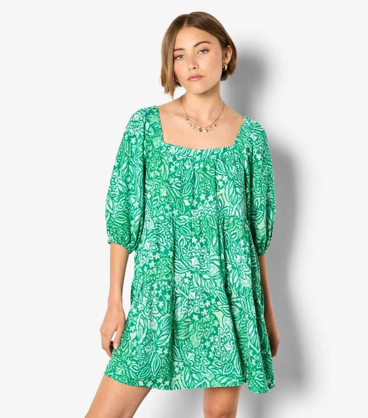 Apricot Green Floral Print Tiered Dress