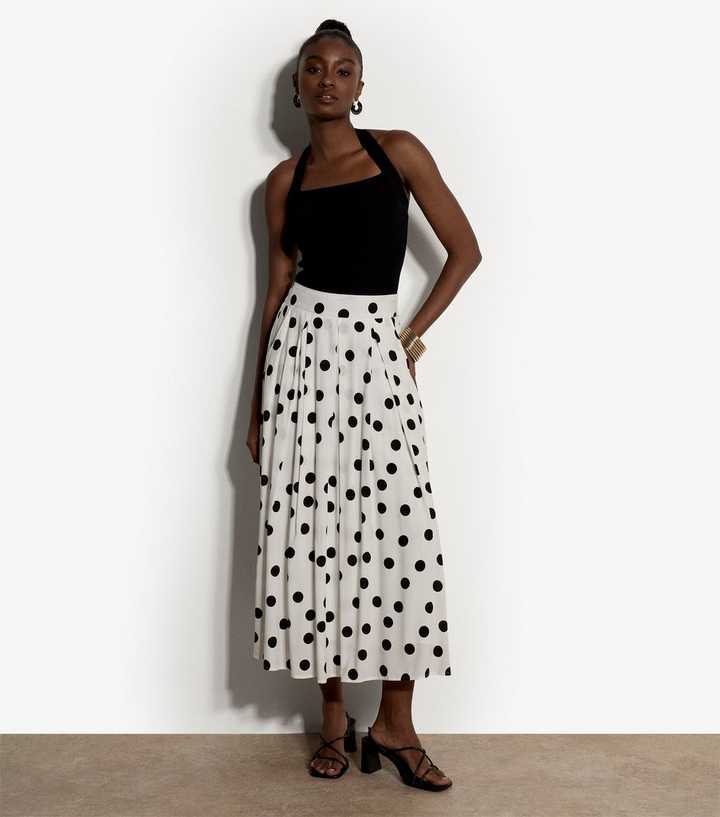 Apricot White Polka Dot Midi Skirt