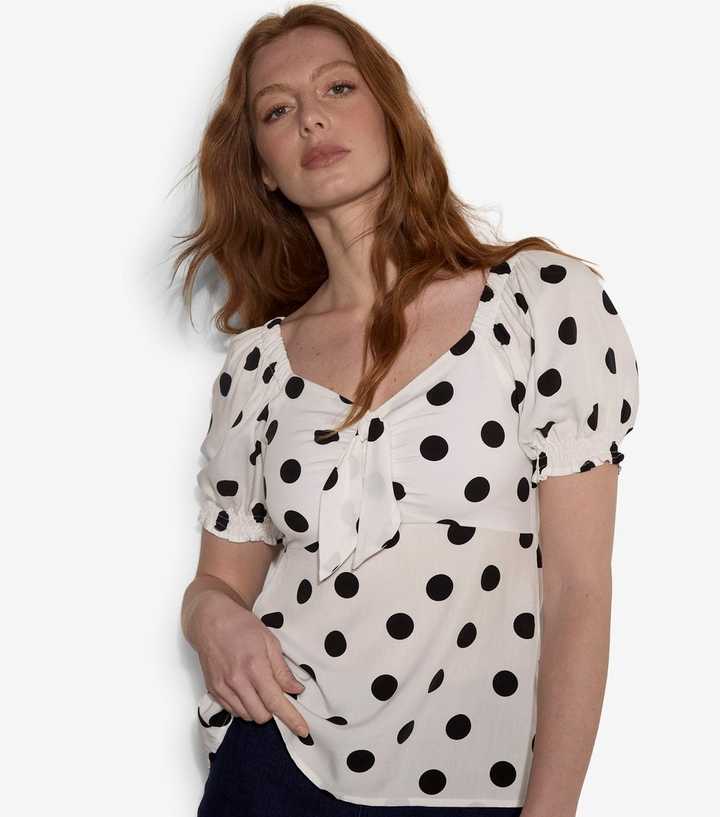 Apricot White Polka Dot Puff Sleeve Milkmaid Top