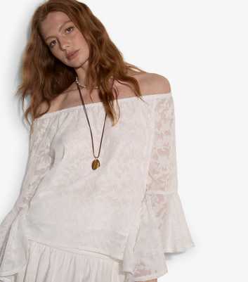 Apricot White Floral Jacquard Bardot Top