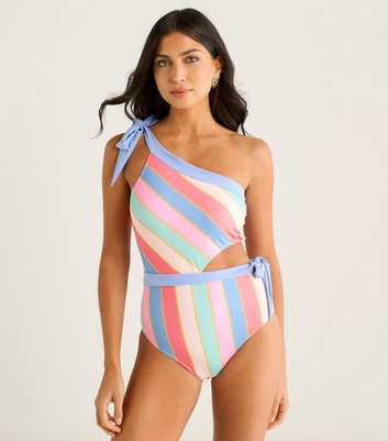 Gini London Multicolour Striped One Shoulder Tie Swimsuit