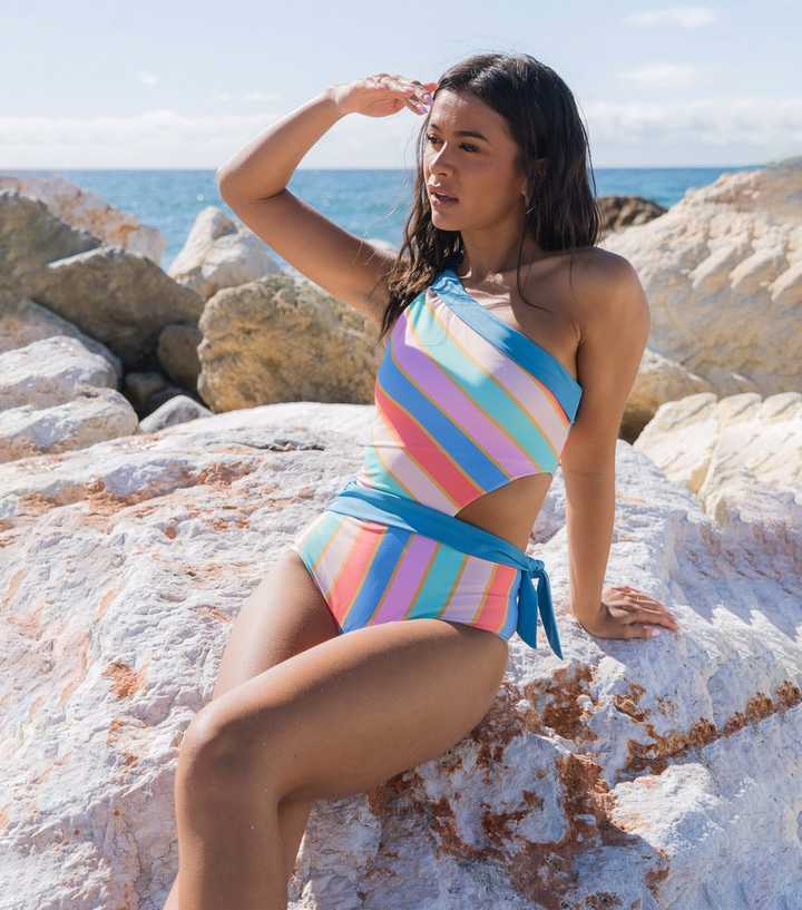 Gini London Multicolour Striped One Shoulder Tie Swimsuit