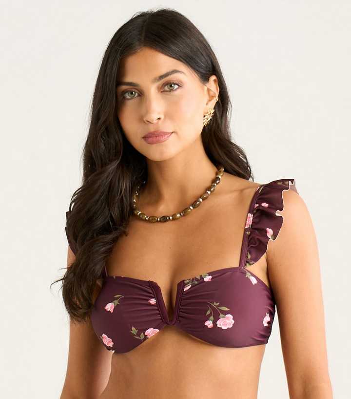 Gini London Brown Floral Print Ruffle Strap Bikini Top