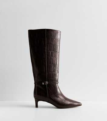 Dark Brown Faux Leather Crocodile Embossed Pull On Boots