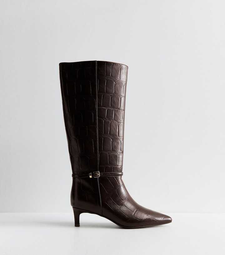 Dark Brown Faux Leather Crocodile Embossed Knee High Boots