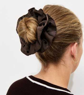 Brown Satin Polka Dot Ruffle Scrunchie