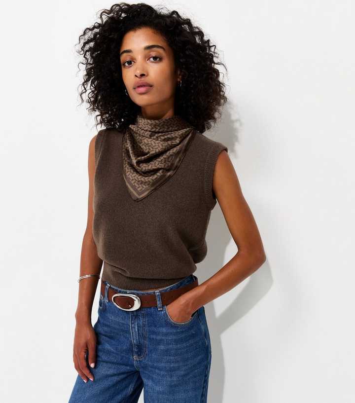 Brown Geometric Print Satin Bandana Scarf