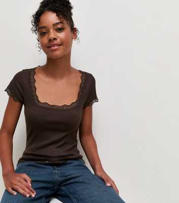 Girls Dark Brown Cotton Rich Lace Trim Square Neck T-Shirt