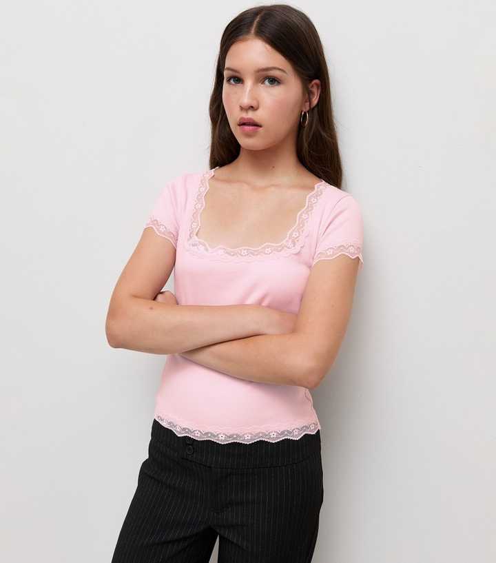 Girls Light Pink Cotton Rich Lace Trim Square Neck T-Shirt