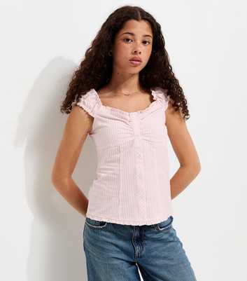 Girls Pink Cotton Striped Ruffle Trim Sleeveless Shirt
