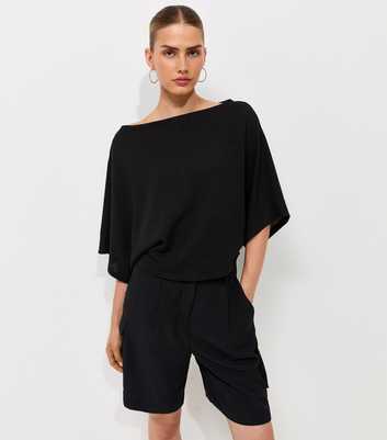 Black Slash Neck Textured Batwing Top