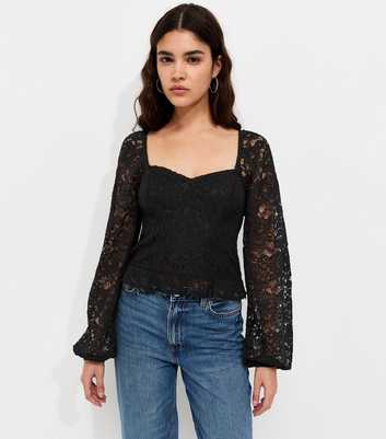 Black With Cotton Floral Lace Long Sleeve Blouse