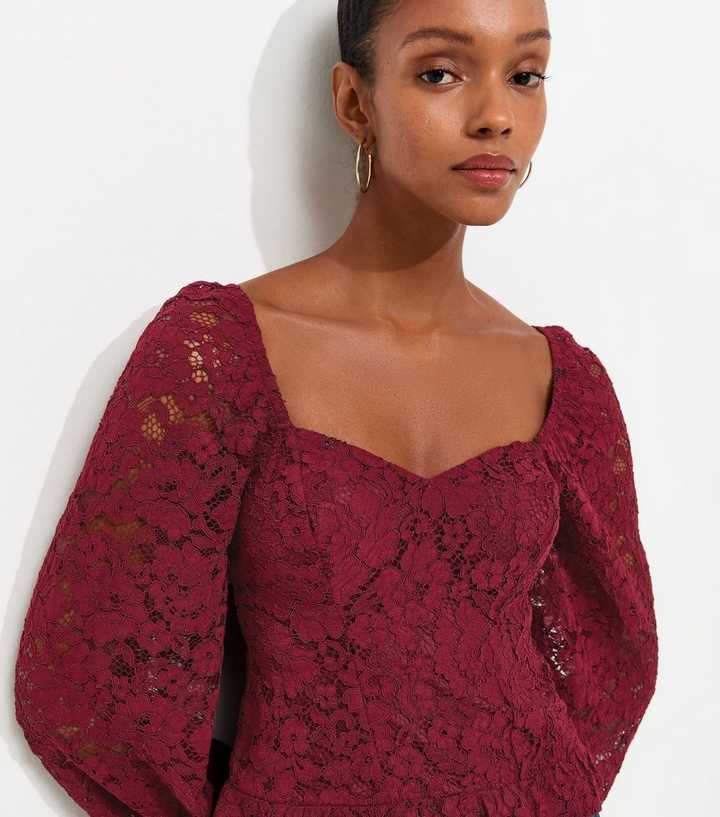 Dark Burgundy With Cotton Floral Lace Long Sleeve Blouse