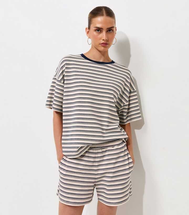 Navy Cotton Jersey Striped Shorts