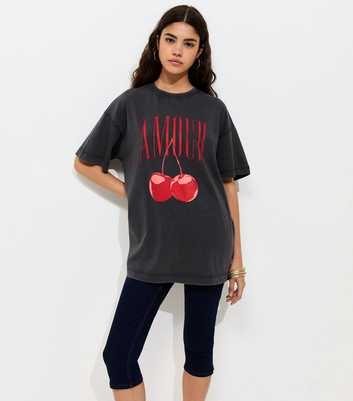 Dark Grey Cotton Amour Cherry Print Acid Wash Oversized T-Shirt