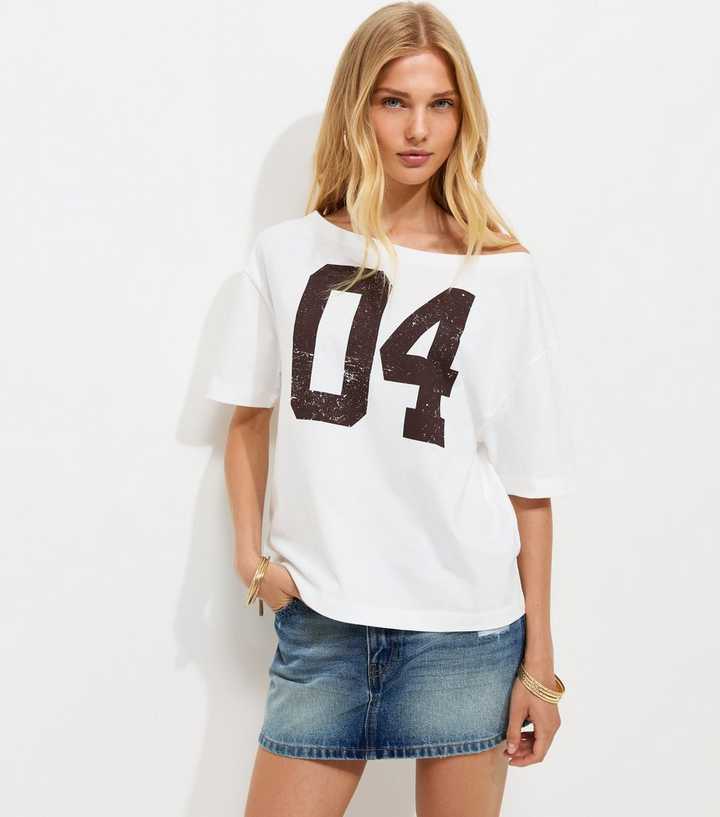 White Cotton 04 Logo Off The Shoulder T-Shirt