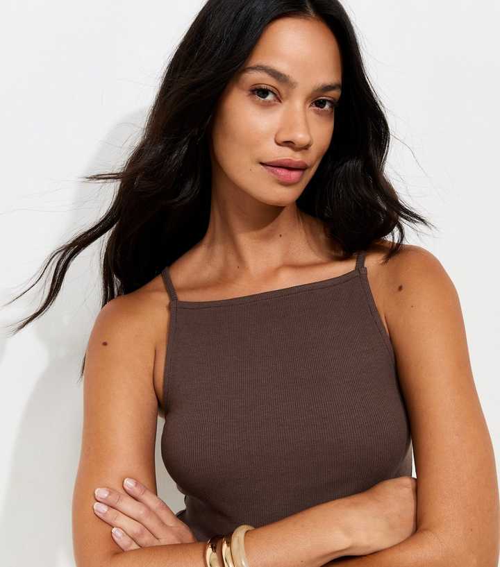 Dark Brown Cotton Rich Ribbed Jersey Vest Top