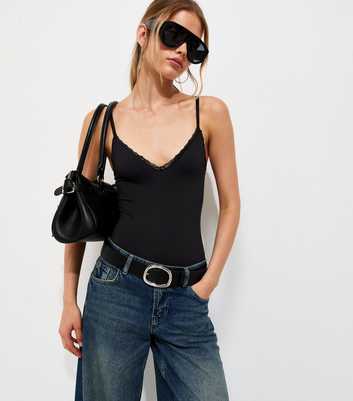 Black Jersey Lace Trim V-Neck Bodysuit