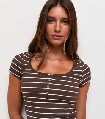 Brown Cotton Rich Striped Short Sleeve Henley T-Shirt