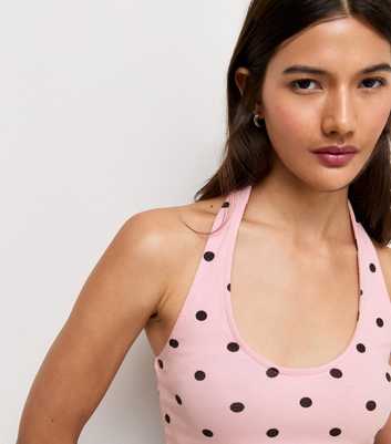 Pink Cotton Rich Polka Dot Scoop Halter Neck Top