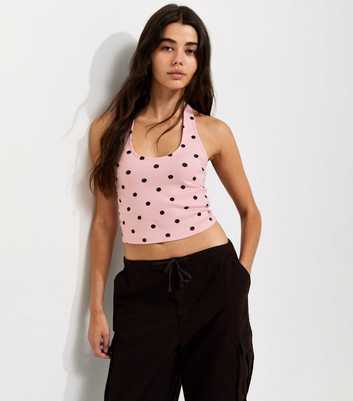 Pink Cotton Rich Polka Dot Scoop Halter Neck Top