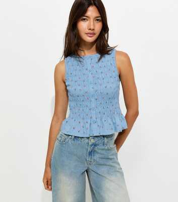 Blue Cotton Floral Shirred Button Sleeveless Top