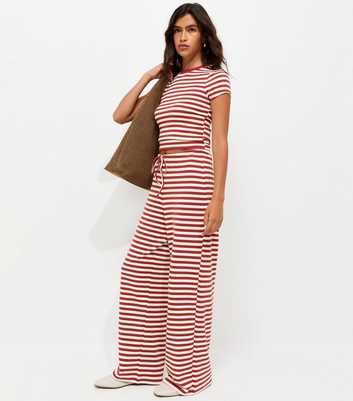 Red Striped Drawstring Wide Leg Trousers