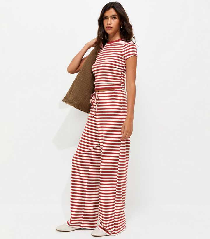 Red Striped Drawstring Wide Leg Trousers