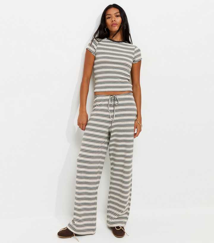 Cream Cotton Rich Striped Wide Leg Jersey Trousers
