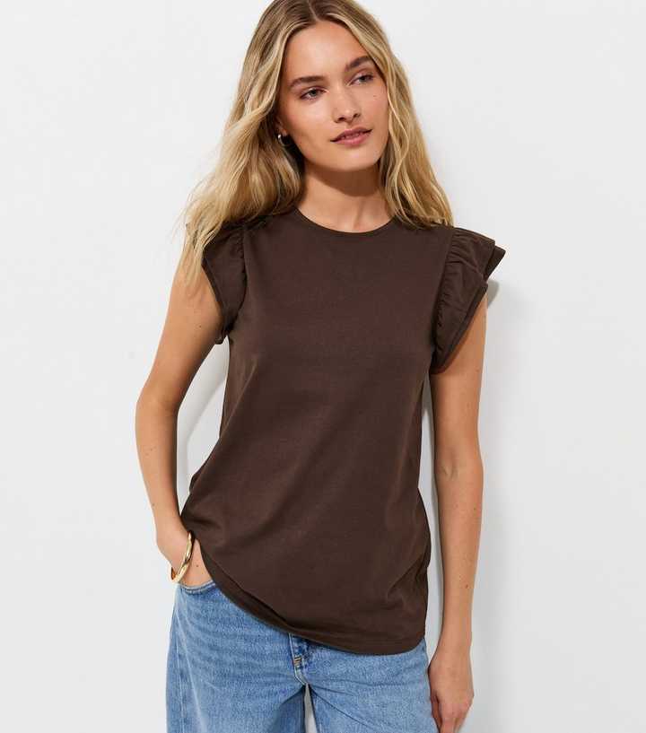 Dark Brown Cotton Frill Sleeve Top
