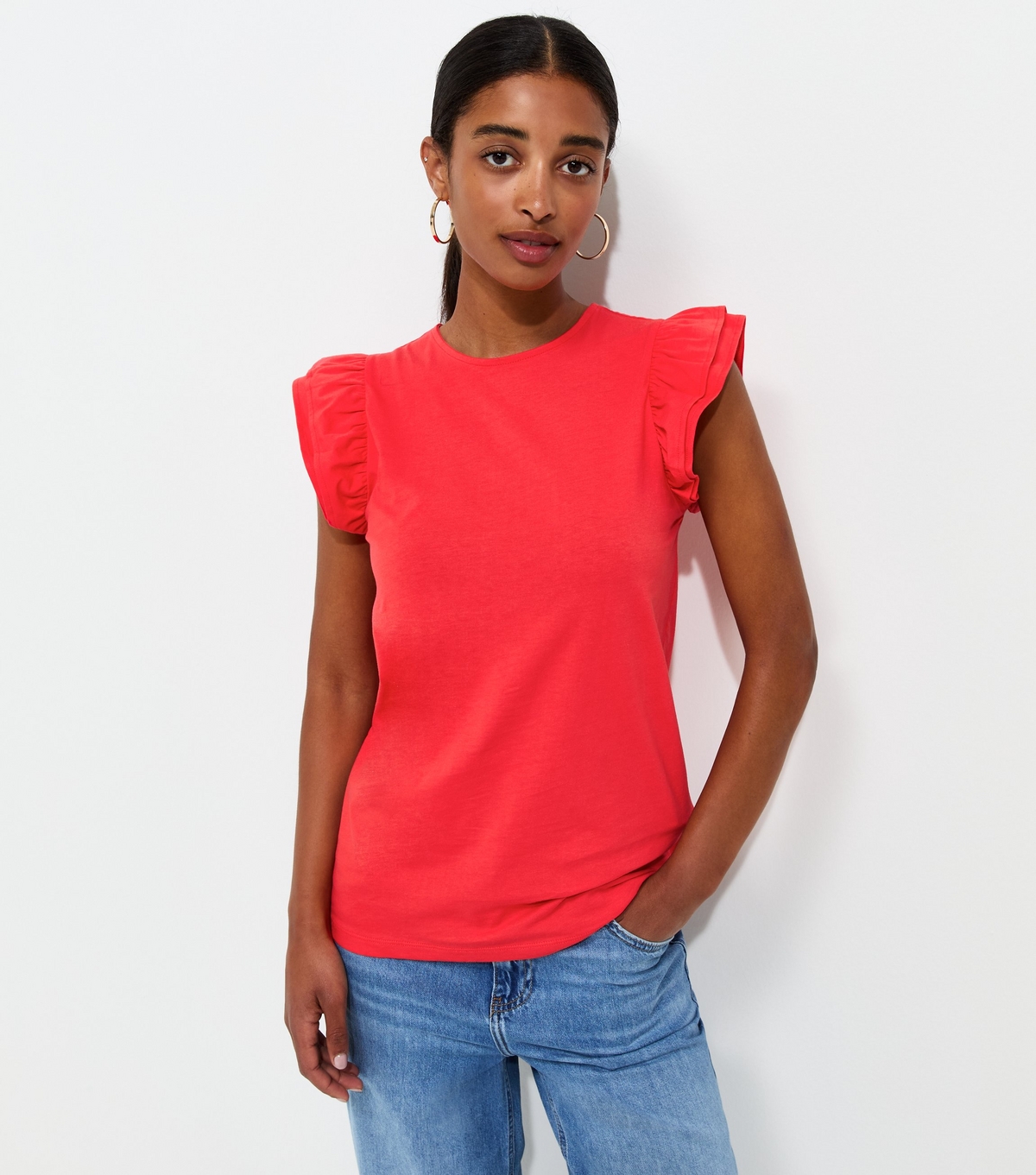 Women's Bright Red Cotton Frill Sleeve Top New Look