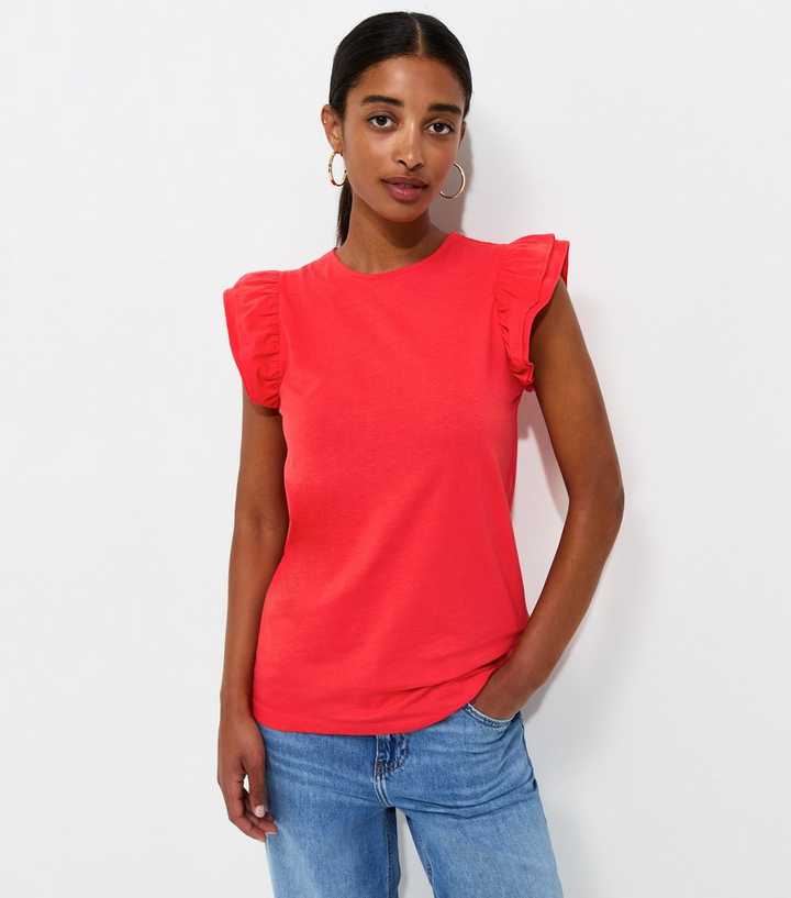 Bright Red Cotton Frill Sleeve Top