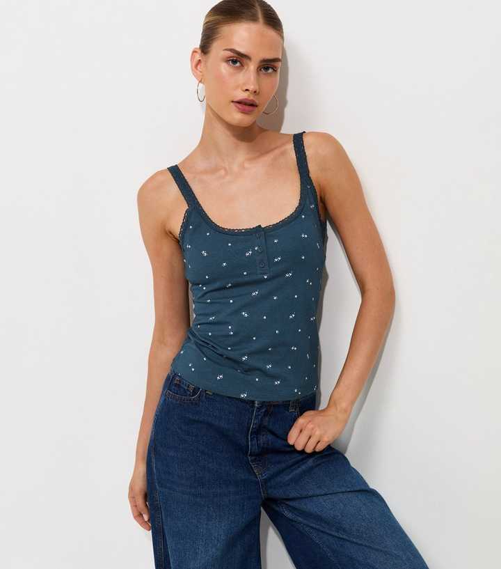 Blue Floral Cotton Rich Floral Lace Trim Henley Tank Top