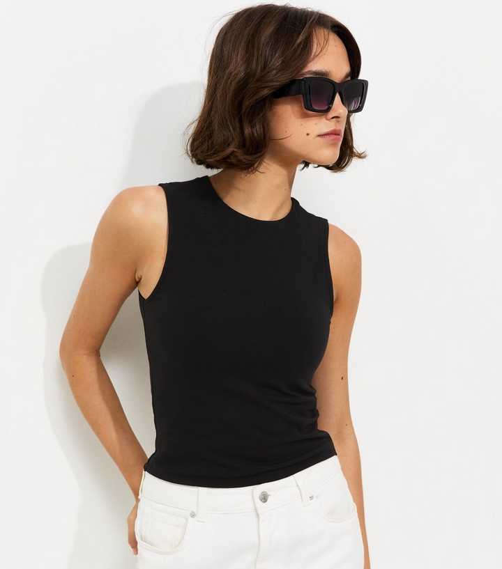 Black Cotton Rich Cropped Sleeveless Tank Top