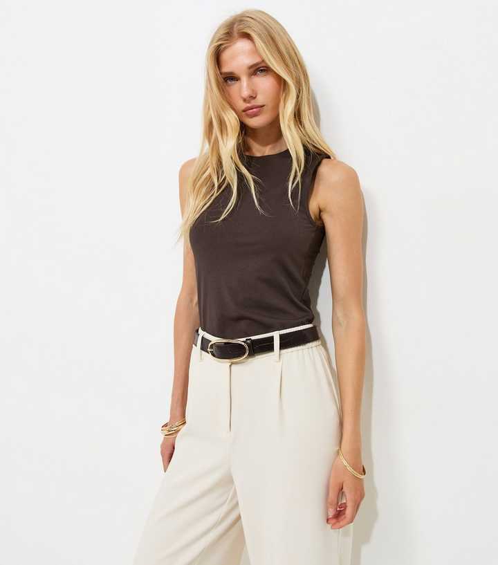 Dark Brown Cotton Rich Cropped Sleeveless Tank Top