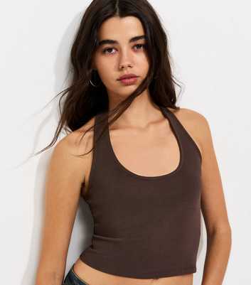 Dark Brown Cotton Rich Scoop Halter Neck Top