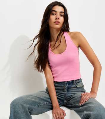Bright Pink Cotton Rich Scoop Halter Neck Top