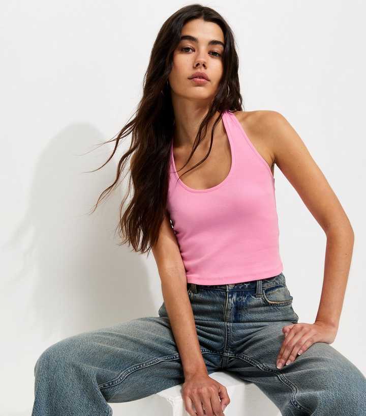 Bright Pink Cotton Rich Scoop Halter Neck Top