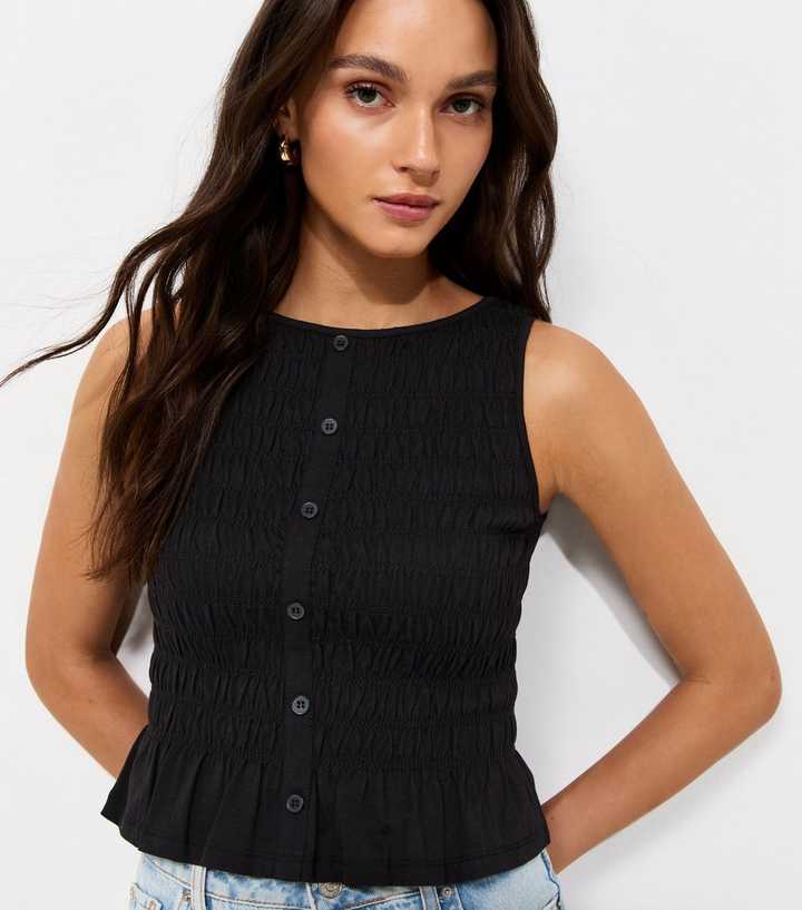 Black Cotton Faux Button Shirred Flared Hem Top