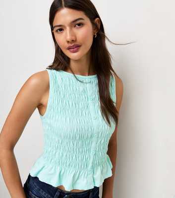 Mint Green Cotton Faux Button Shirred Flared Hem Top