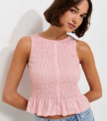 Light Pink Cotton Faux Button Shirred Flared Hem Top