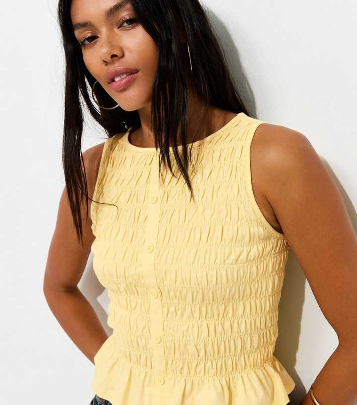 Light Yellow Cotton Faux Button Shirred Flared Hem Top