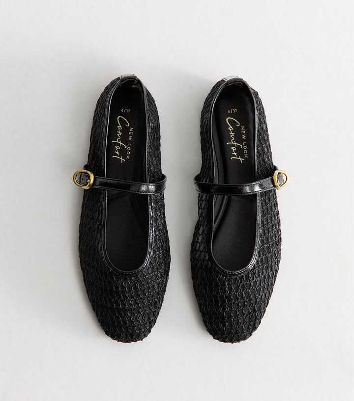 Black Buckle Strap Mesh Mary Jane Flats