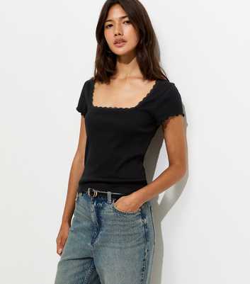 Black Cotton Rich Short Sleeve Lace Trim Square Neck Top