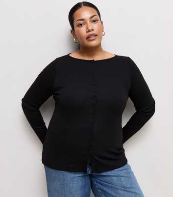 Curves Black Cotton Rich Long Sleeve Button Front Top