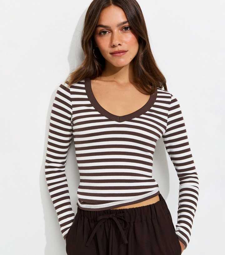 Petite Cream Cotton Rich Striped Long Sleeve V Neck Ribbed Top