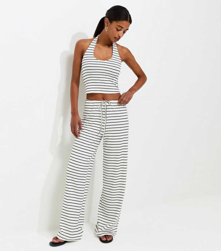 White Cotton Rich Horizontal Stripe Wide Leg Jersey Trousers