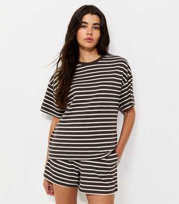 Brown Cotton Striped Boxy Crew Neck T-Shirt